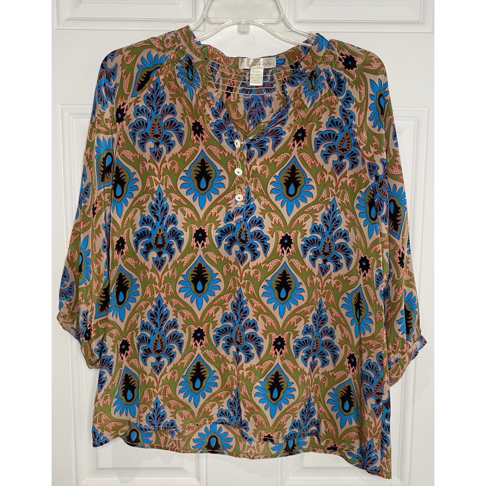 Trinity Anthropologie Women's Medium 100%Silk Multicolored Blouse Vintage Y2K